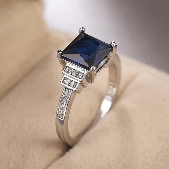 Princess Cut 925 Blue Sapphire Solitaire Ring - Picture 2 of 11